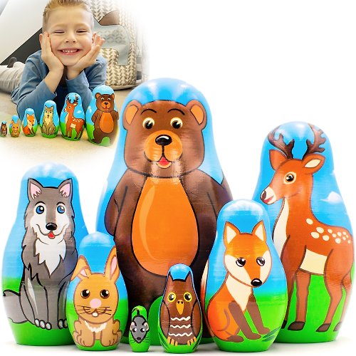布列斯特纪念品厂 - 套娃 Wild Animals Nesting Dolls 7 pcs - Wooden Stacking Animals - Forest Animals Toys