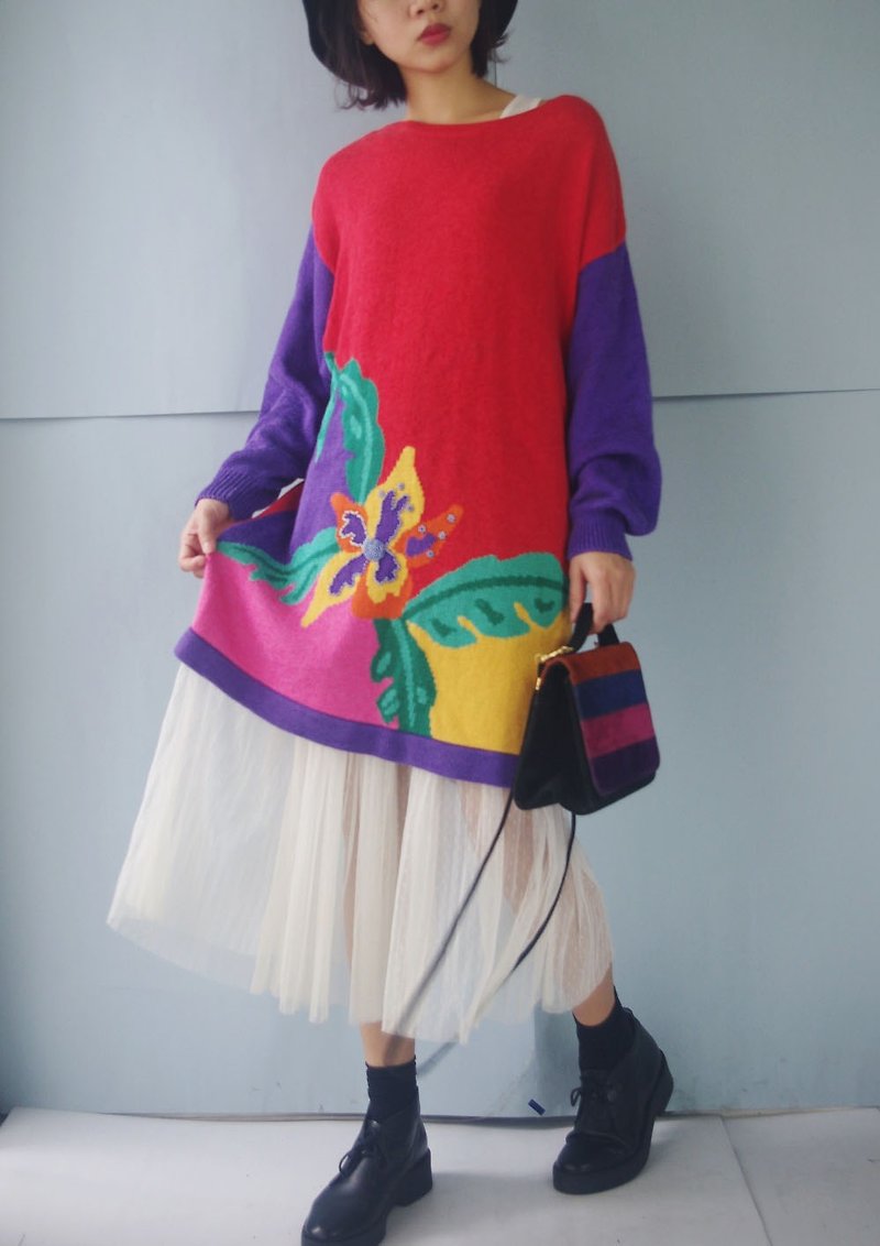 Treasure vintage -80S bright color OVERSIZE flower knitted long dress sweater - สเวตเตอร์ผู้หญิง - ผ้าฝ้าย/ผ้าลินิน สีแดง