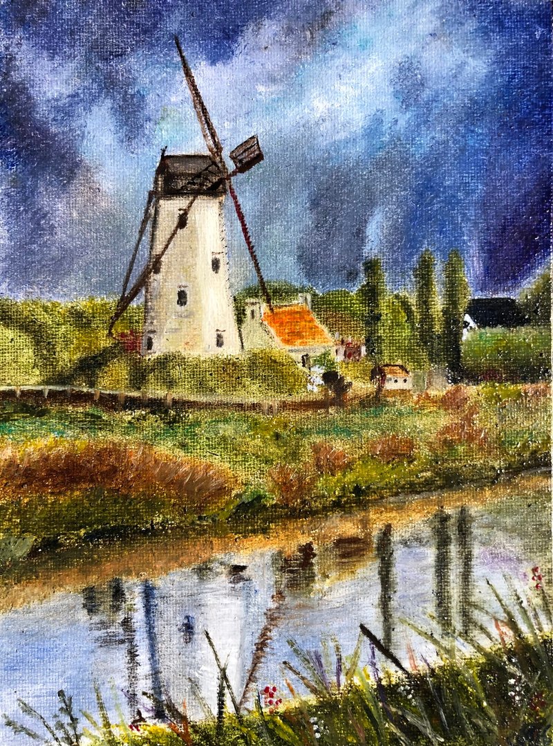 Mill original oil painting on canvas 15x20 cm wall art landscape - ตกแต่งผนัง - วัสดุอื่นๆ หลากหลายสี