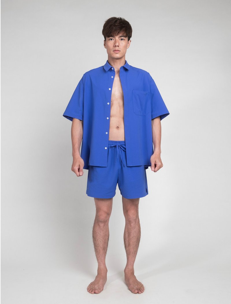 Cobalt blue 鈷藍色 / 泡泡紗 落肩度假襯衫 - 男襯衫/休閒襯衫 - 其他材質 藍色