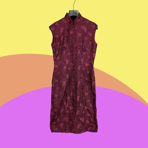 蘿綺莉蕾芭索 二手 古董訂製 黑紫 織紋 緹花 微開衩 合身輕薄 無袖 旗袍 CA404