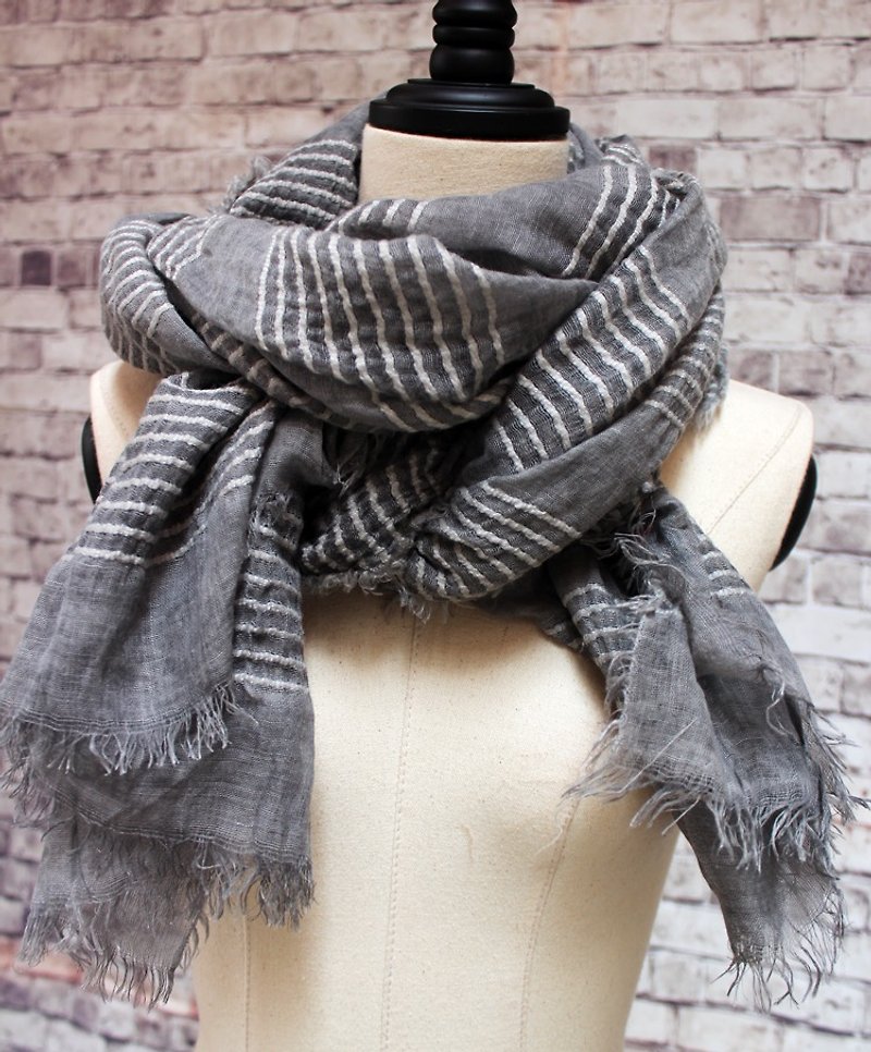 [Spot] cotton striped scarf shawls -CONTRAST card Ruo Poetry - Scarves - Cotton & Hemp Gray