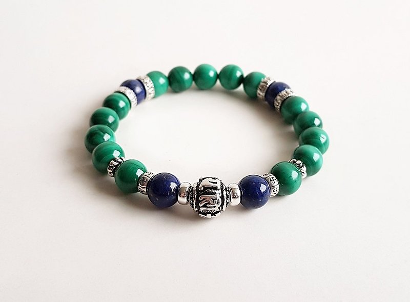 [Gem Series] Peacock Ming Wang natural mineral malachite lapis lazuli 925 sterling silver mantra engraved beads • bracelet - Bracelets - Gemstone Green