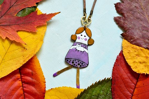 Miska Girl and cat necklace, Cat fan necklace, Cat necklace, Enamel necklace,