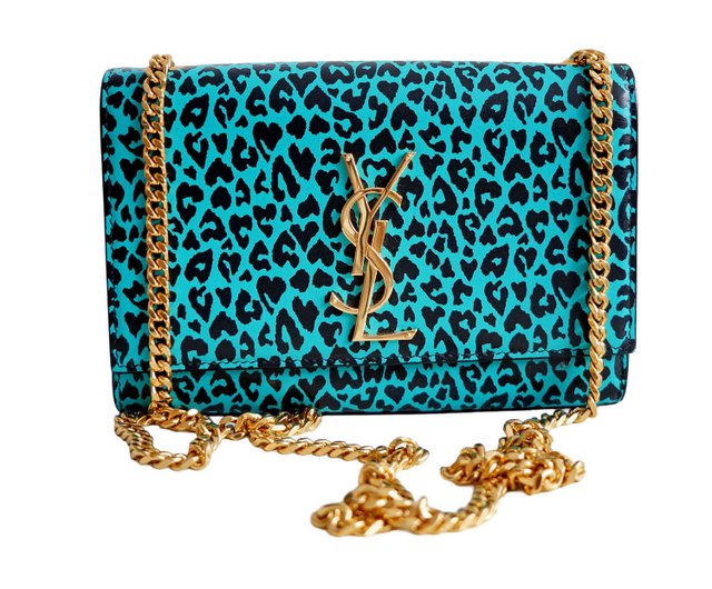SAINT LAURENT 湖水緑色ヒョウ柄レザー斜め掛けバッグ ゴールドYSLロゴ