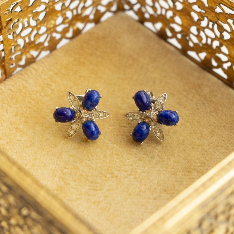 D'Orlan Canada Antique Faux Lapis Lapis Iris Silver Clip-On-On Earrings - ต่างหู - โลหะ สีน้ำเงิน