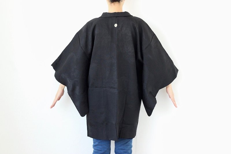 woven kimono, EXCELLENT VINTAGE, Japanese silk kimono, kimono /3925 - 外套/大衣 - 絲．絹 黑色