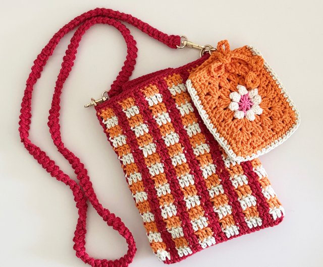 かぎ針編みのカラフルなチェック柄の斜め電話バッグ - ショップ
