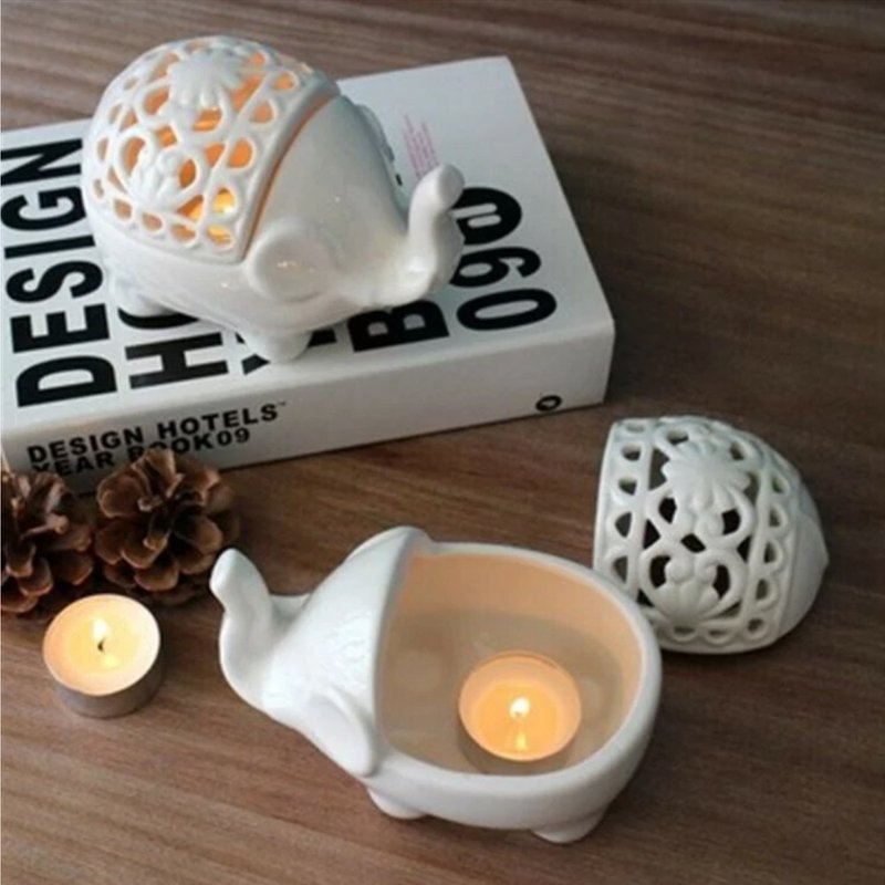 Malazzi Healing Vacation Series Hollow Design Ceramic Elephant Candle Holder/Storage Box - Candles & Candle Holders - Pottery 