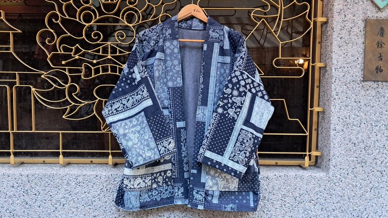 AMIN'S SHINY WORLD Amoeba full-print washed stitching KIMONO ONLY series - เสื้อฮู้ด - ผ้าฝ้าย/ผ้าลินิน สีน้ำเงิน