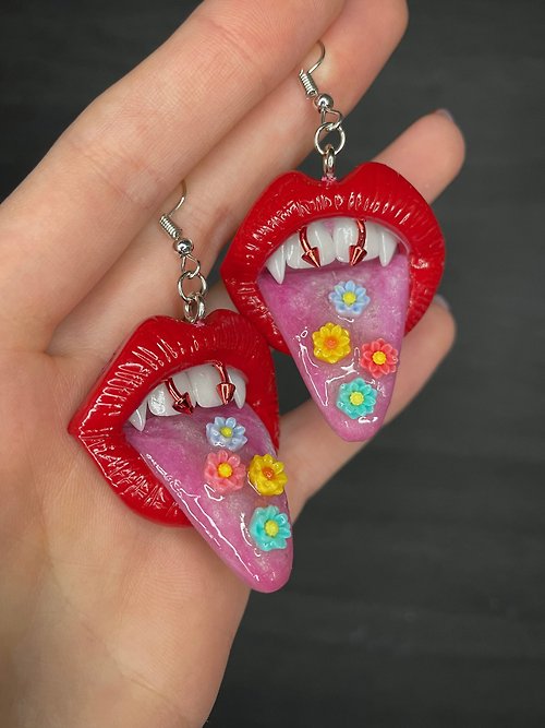 Polymer Diary Earrings. Red vampire lips with flowers.
