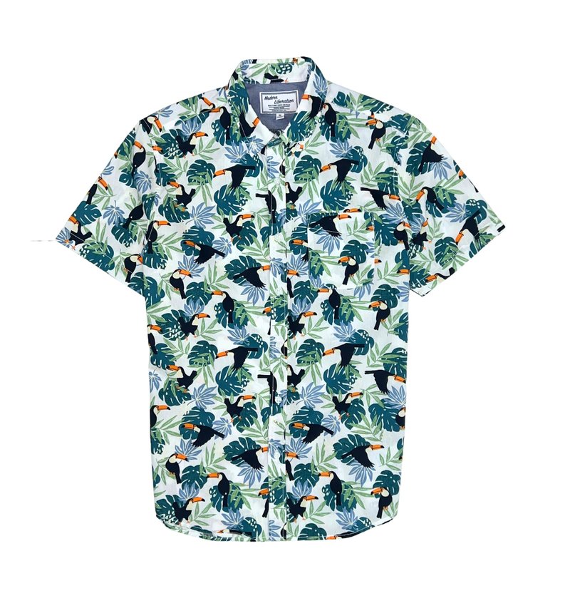 Men's Bird Print Shirt - White - เสื้อเชิ้ตผู้ชาย - ผ้าฝ้าย/ผ้าลินิน ขาว