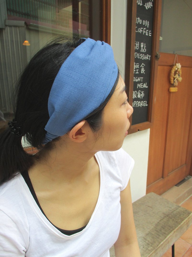 Cross hair band (elastic handmade)-plain blue - Hair Accessories - Cotton & Hemp Blue