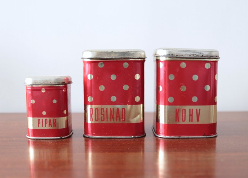 Three-piece set of old tin cans made of Estonian pepper/raisins/coffee in the 70s - เครื่องครัว - โลหะ สีแดง