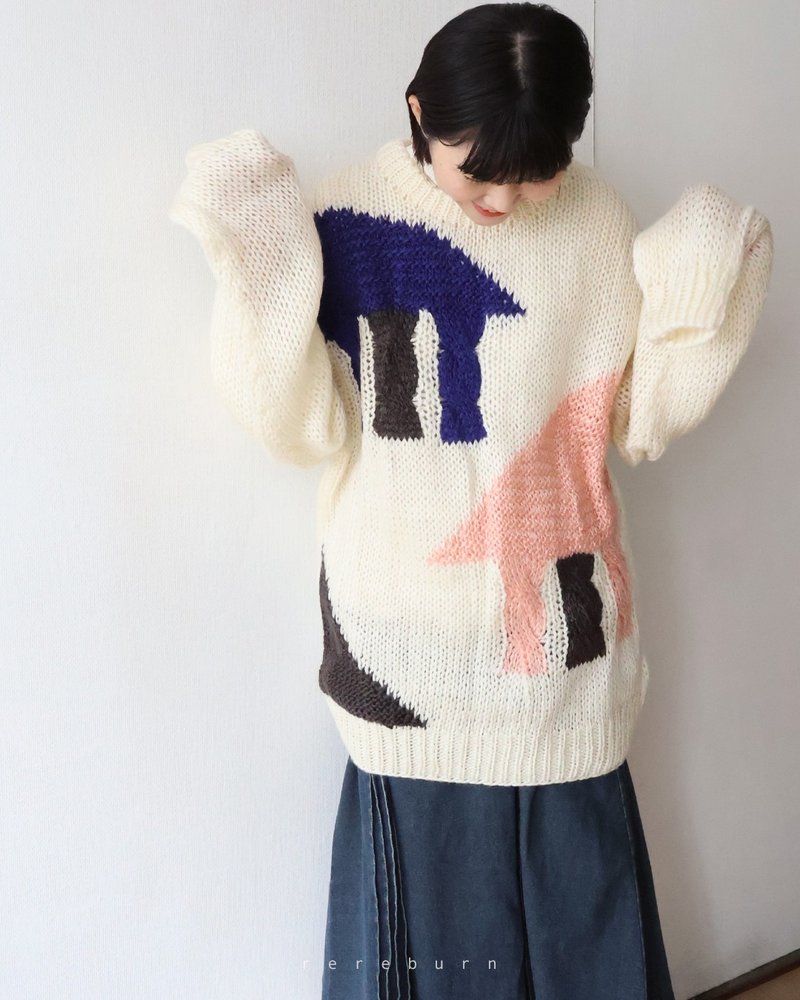 Winter retro unisex Japanese-made childlike dinosaur peek-a-boo knitted loose beige vintage sweater - Women's Sweaters - Wool Yellow