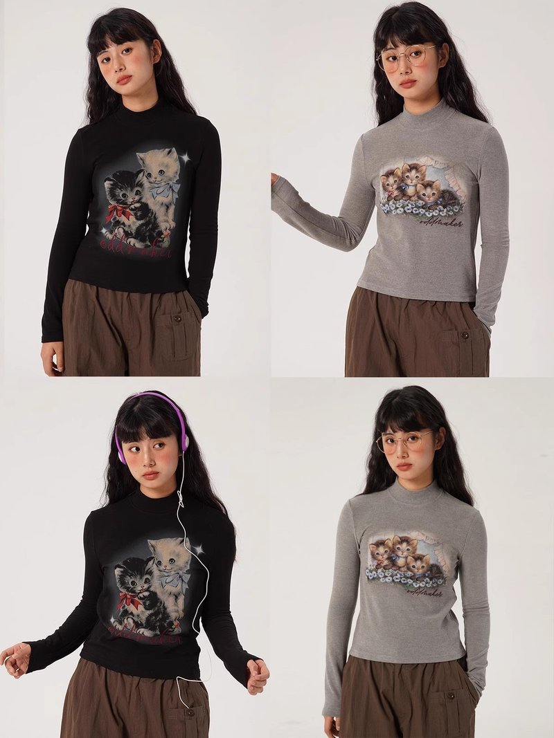 odd maker復古長袖印花彈力打底衫女內搭秋冬半高領長袖修身上衣 - 女上衣/長袖上衣 - 其他人造纖維 