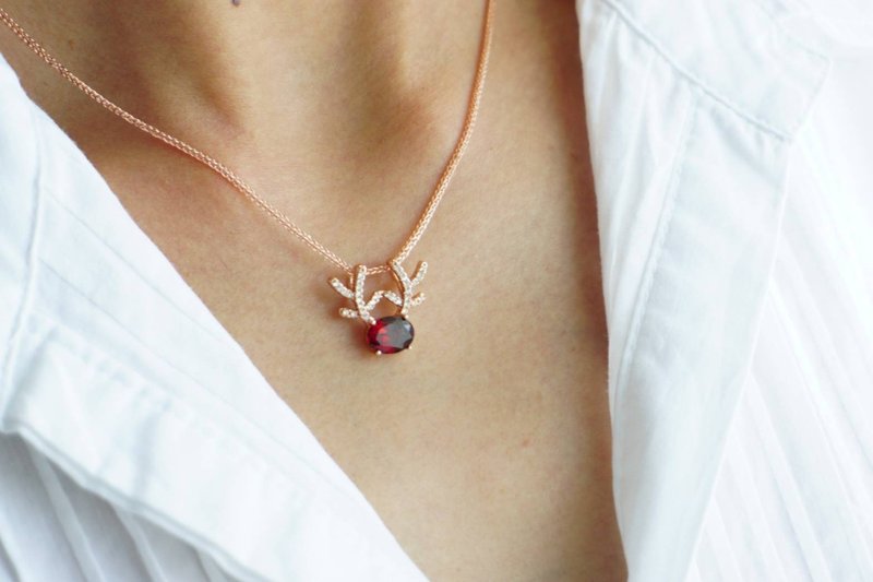 Christmas gift Natural Garnet  Pendant Silver 925 with rose gold plated - Necklaces - Sterling Silver Red