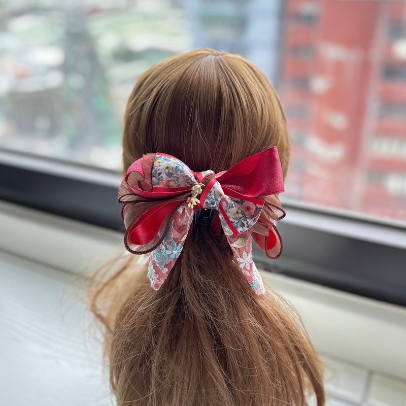 捲邊紗蕾絲蝴蝶結相交夾香蕉夾仙女夾髮夾-咖啡紅色古風 - 髮夾/髮圈 - 其他材質 紅色