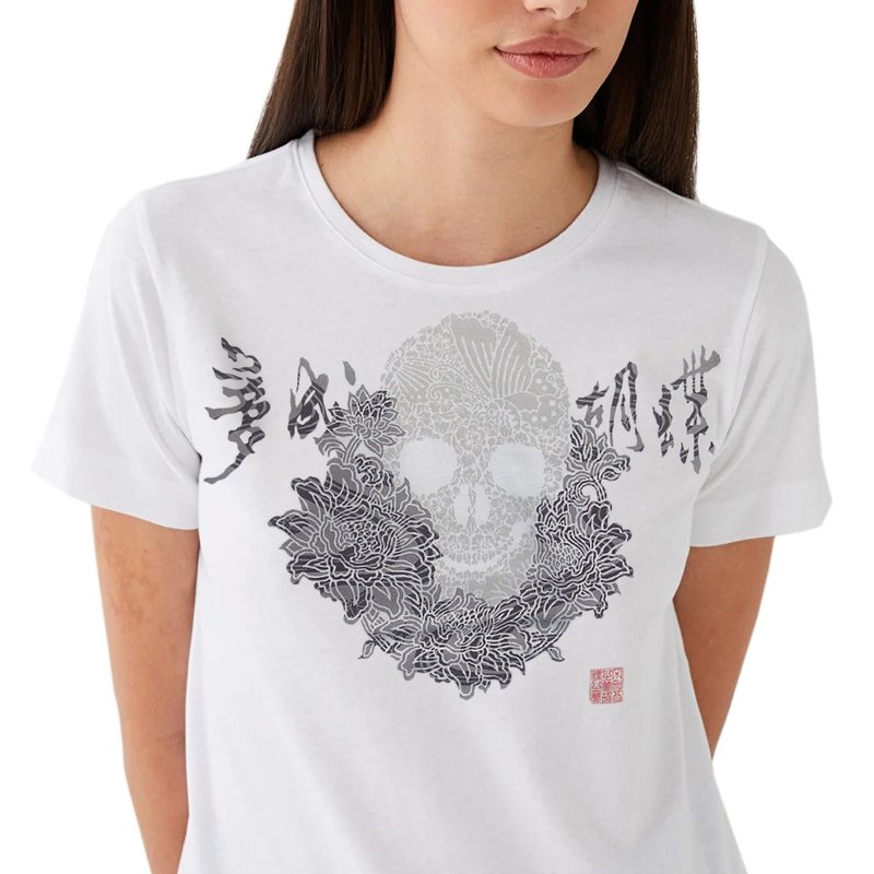 日本製アートTシャツ ドクロ 牡丹 蝶 綿100% ユニセックス 白 - 女 T 恤 - 棉．麻 白色