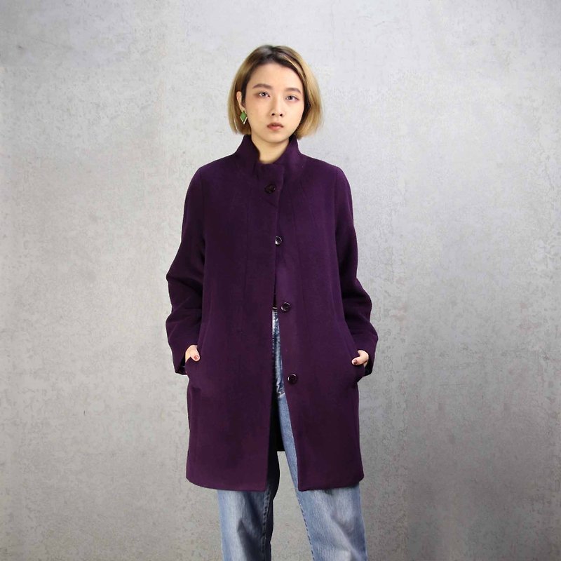Tsubasa.Y Ancient House A08 vintage wool deep purple collar coat, wool wool long coat - Women's Casual & Functional Jackets - Wool Purple