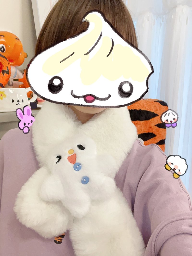 Little snowman furry imitation rabbit fur white cute scarf 8x90cm - Knit Scarves & Wraps - Polyester White