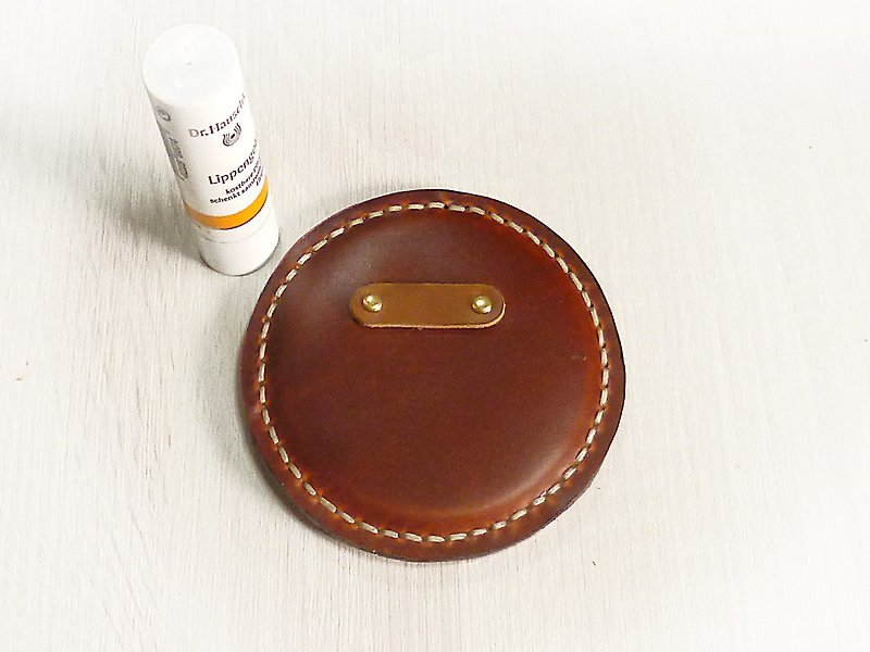 POPO│ unstamped │ │ cow leather makeup round mirror. - Other - Genuine Leather Brown