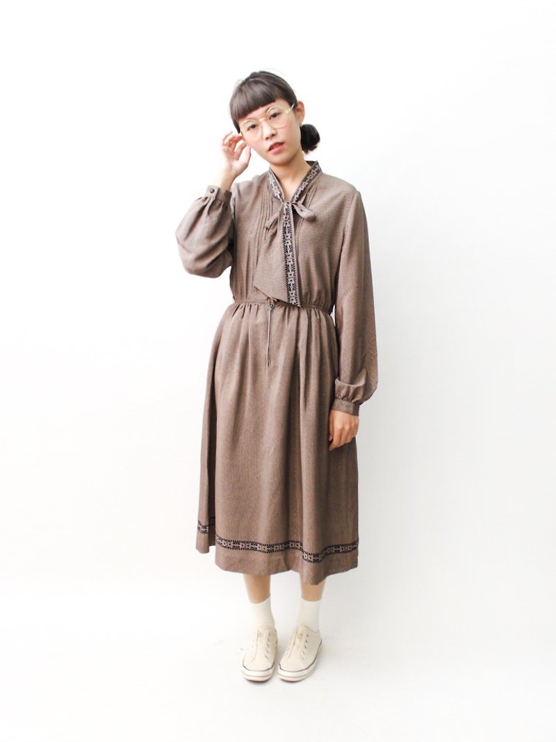 [RE0322D1024] Nippon forest department full version of spring and summer flowers vintage earth color short-sleeved dress - One Piece Dresses - Polyester Brown