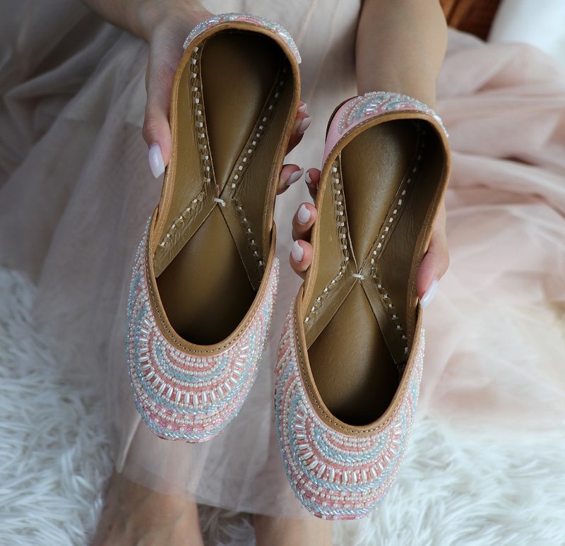 【新版彩虹】印度風情/細膩刺繡珠飾/手工平底鞋 - 女休閒鞋/帆布鞋 - 真皮 多色