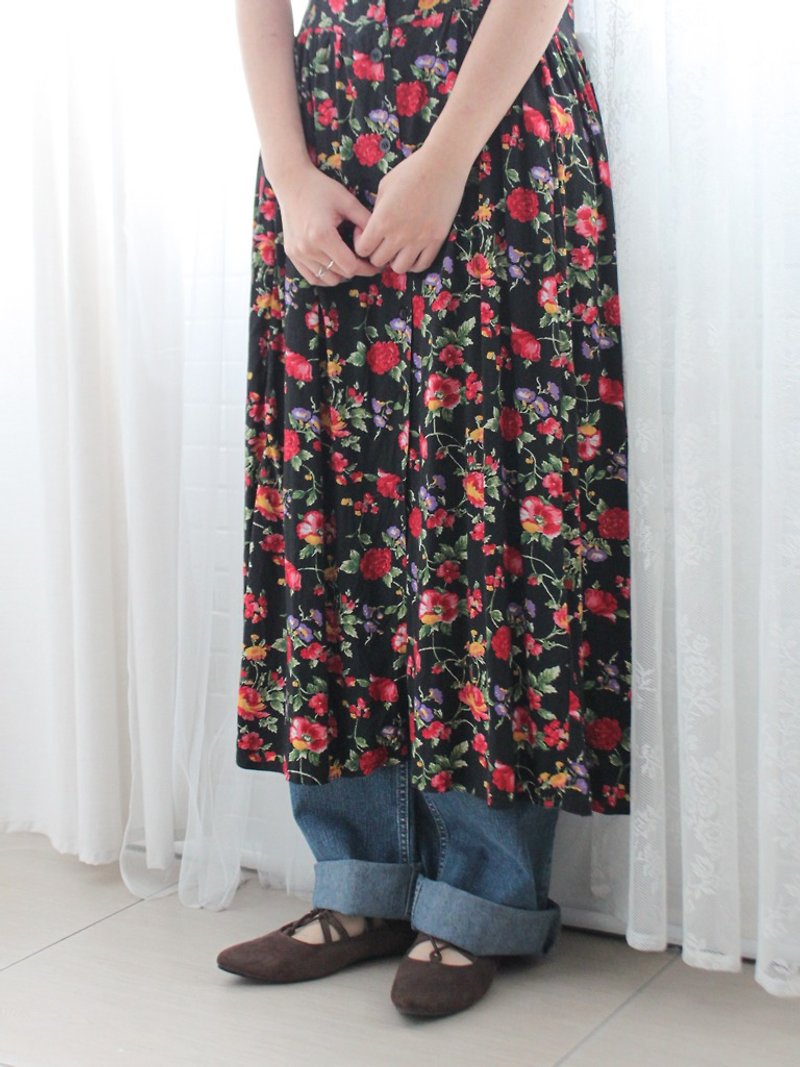 Retro early spring American style loose red flowers black short sleeve vintage dress - One Piece Dresses - Polyester Black