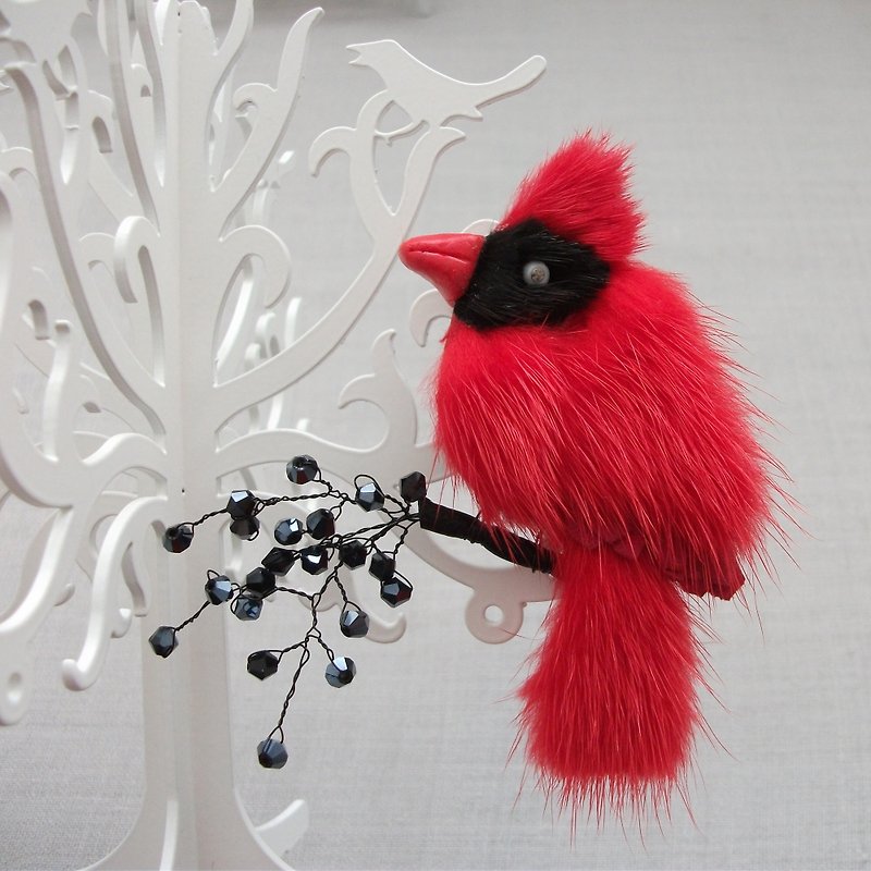 Mink fur brooch cardinal bird on a branch - Brooches - Genuine Leather Red