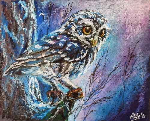 AsheArt Owl Painting Original pastel painting Bird art Oil pastel Forest animal art