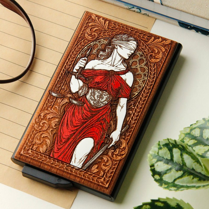 Justice -  Wooden card holder with laser engraving + hand painting - 名片夾/名片盒 - 木頭 咖啡色