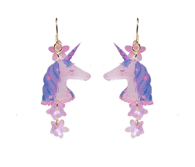 Hand painted flowers and unicorn Star maiden universe 18K gold earrings earrings - ต่างหู - วัสดุอื่นๆ 