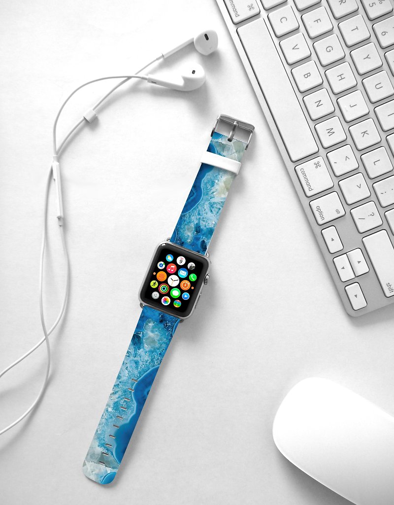 Ocean Blue Agate marble leather strap Apple Watch Band 38 40 42 44 mm -302 - สายนาฬิกา - หนังแท้ สีน้ำเงิน