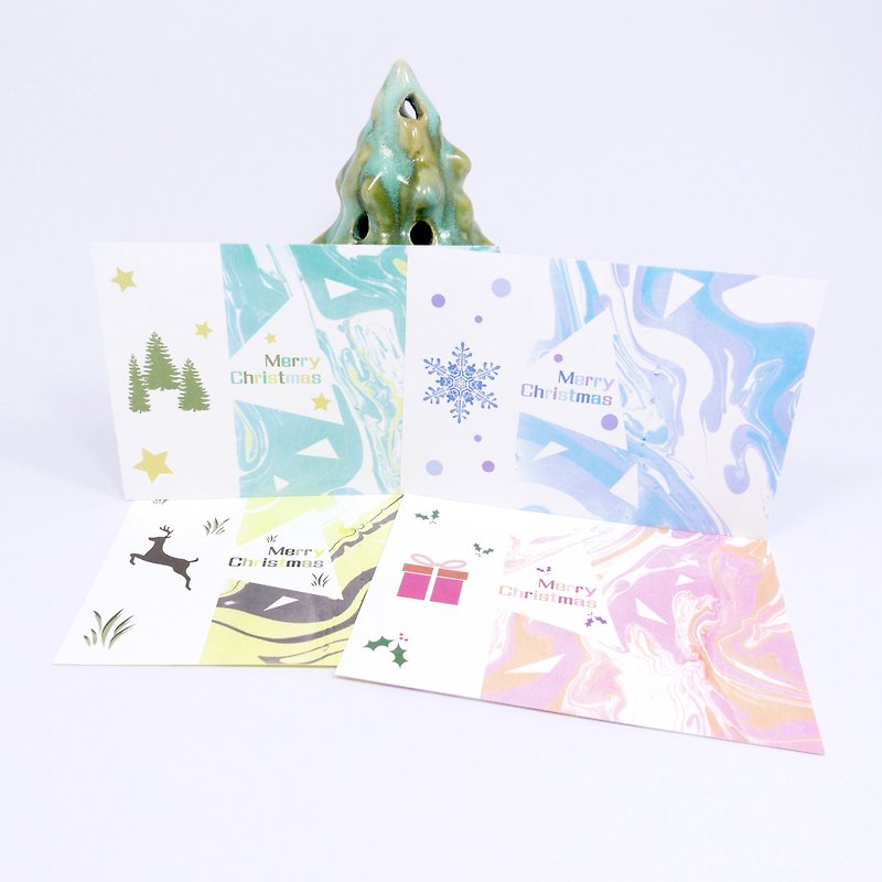 浮水染 聖誕卡片組合包/4張 贈素色信封 - 心意卡/卡片 - 紙 綠色