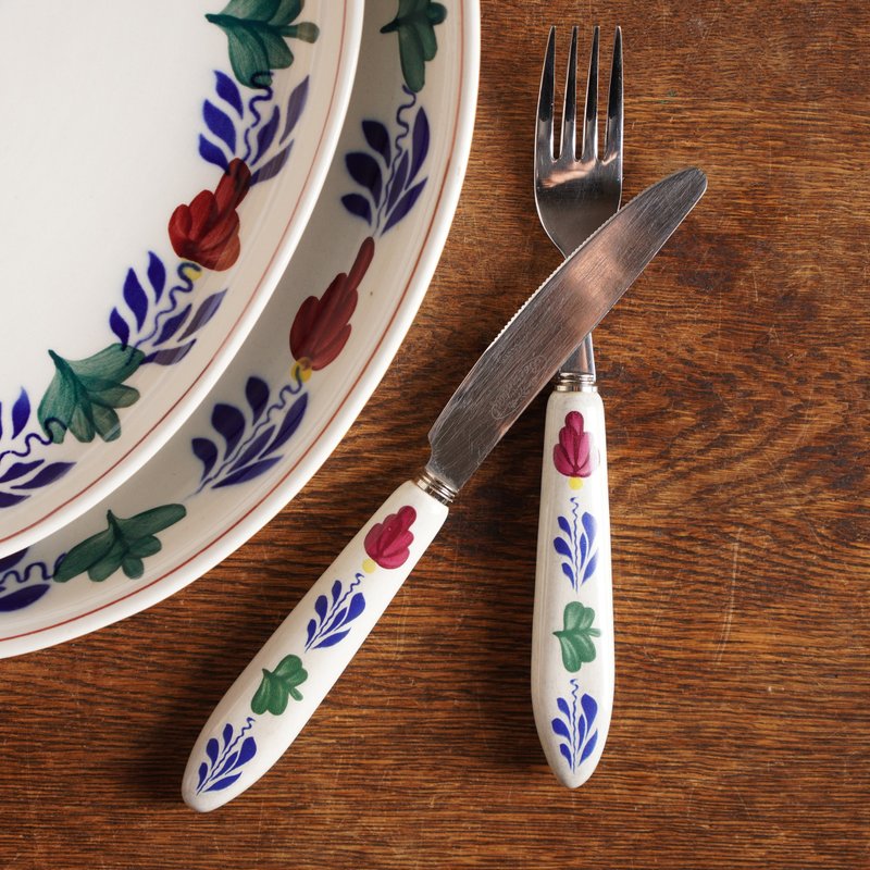 Vintage Belgian knife and fork with Boerenbont design on ceramic handle - ช้อนส้อม - สแตนเลส หลากหลายสี