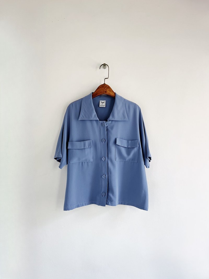 湖水藍簡約包釦短版 雪紡紗薄料襯衫上衣罩衫shirt vintage 古著 - 女襯衫 - 聚酯纖維 藍色
