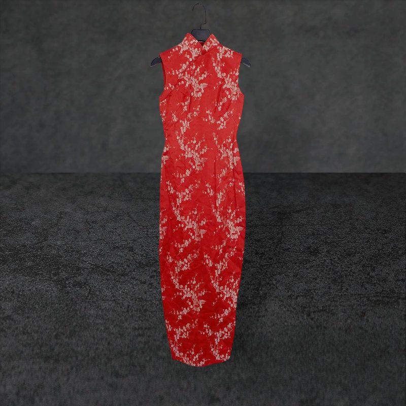 二手 紅色 緞面 刺繡 無內裡 古董訂製 旗袍 PF510 - 旗袍/改良式旗袍 - 聚酯纖維 紅色