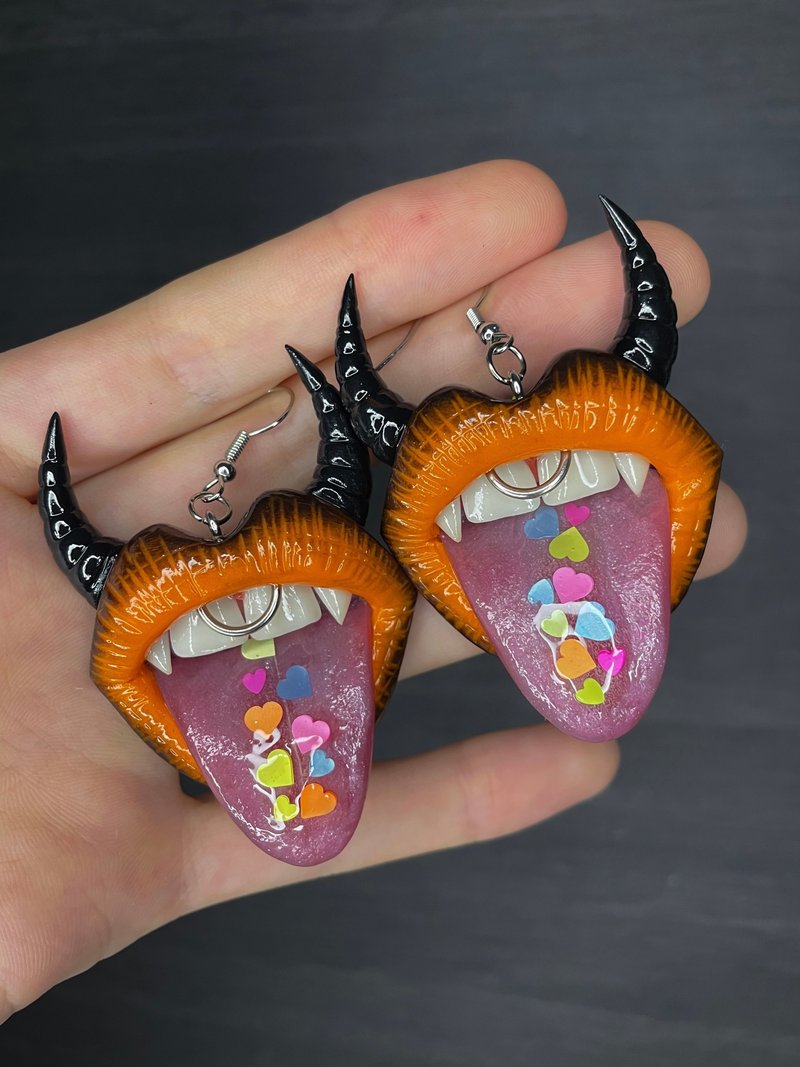 Earrings. Orange & black lips with horns. - Earrings & Clip-ons - Clay 