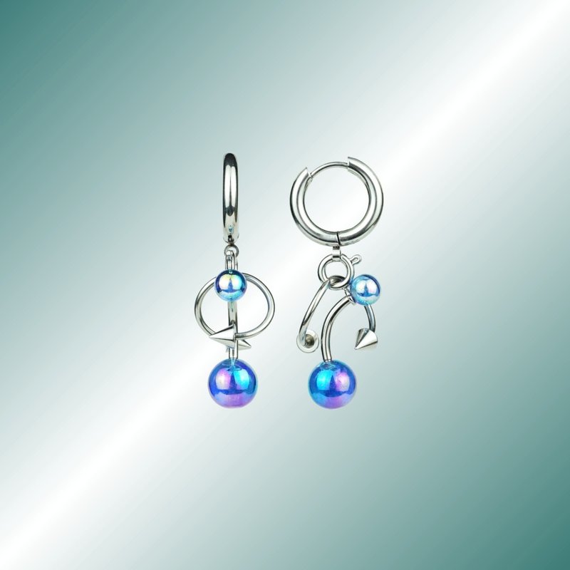 PIERCING Piercing Series Laser Light Blue Round Bead Pendant Earrings - Earrings & Clip-ons - Stainless Steel Blue