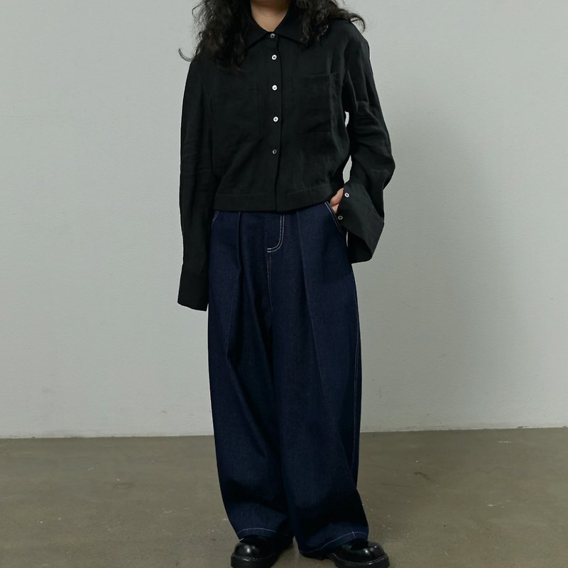 Vintage Wenqing Light Linen Jacket Shirt - เสื้อเชิ้ตผู้หญิง - วัสดุอื่นๆ สีดำ