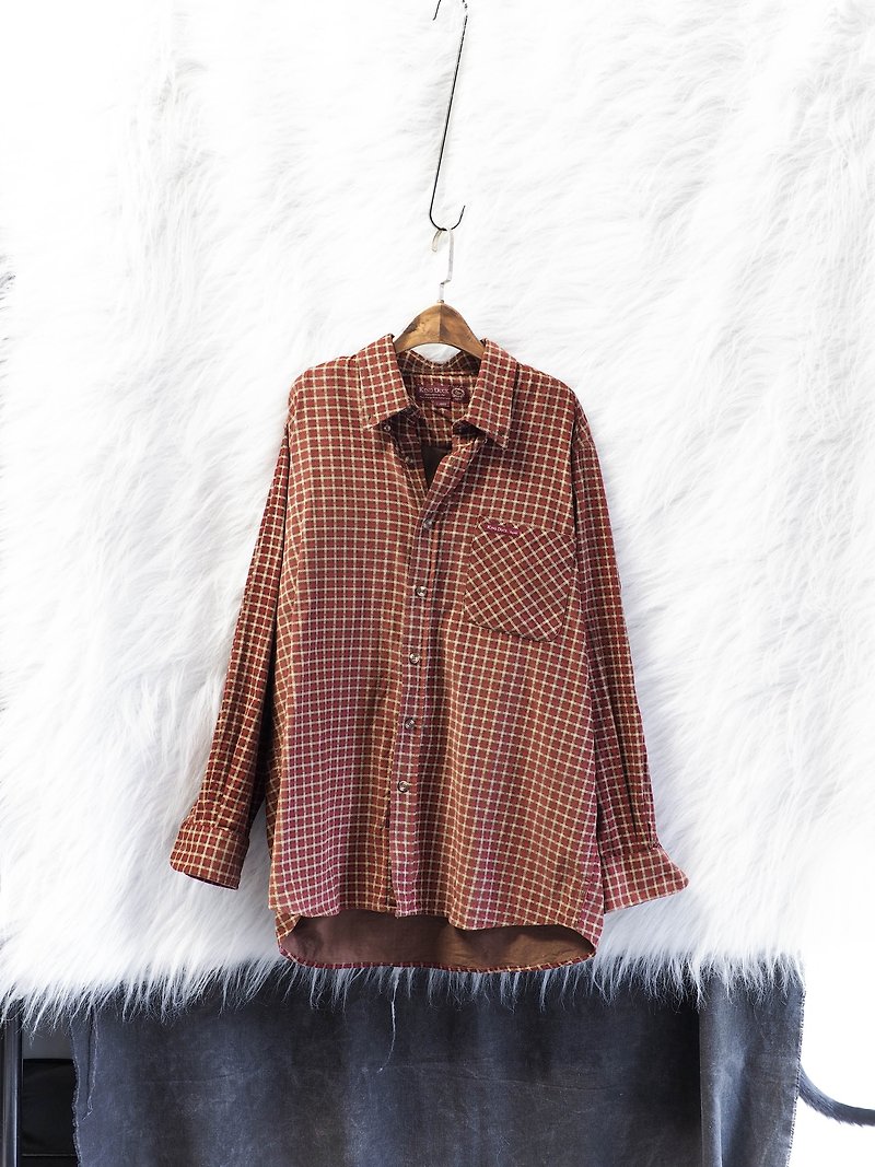 岐阜 红 red thin line check spring log antique cotton shirt jacket coat vintage - เสื้อเชิ้ตผู้หญิง - ผ้าฝ้าย/ผ้าลินิน สีแดง