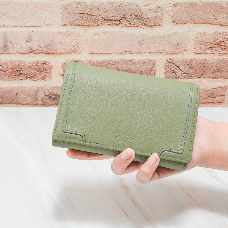 立體拼貼軟牛皮多夾層兩折中夾4152(淺抹綠) - 錢包/皮夾/長短夾 - 真皮 