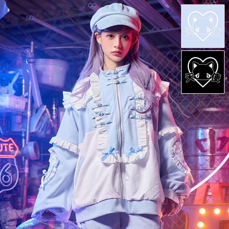 animecore kawaii jirai kei Love recipe chinese knot flounce cargo jacket JJ4070 - เสื้อแจ็คเก็ต - ผ้าฝ้าย/ผ้าลินิน 