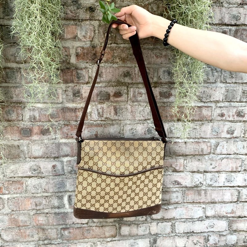 意大利中古GUCCI真皮拼帆布Monogram logo單肩手袋 高級二手古著 - 側背包/斜背包 - 其他材質 咖啡色