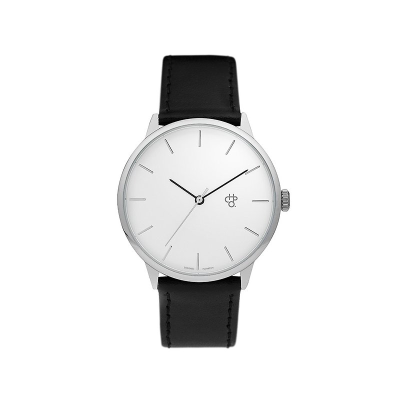 Chpo Brand 瑞典品牌 - Khorshid系列 銀白錶盤黑皮革 手錶 - 男裝錶/中性錶 - 人造皮革 黑色