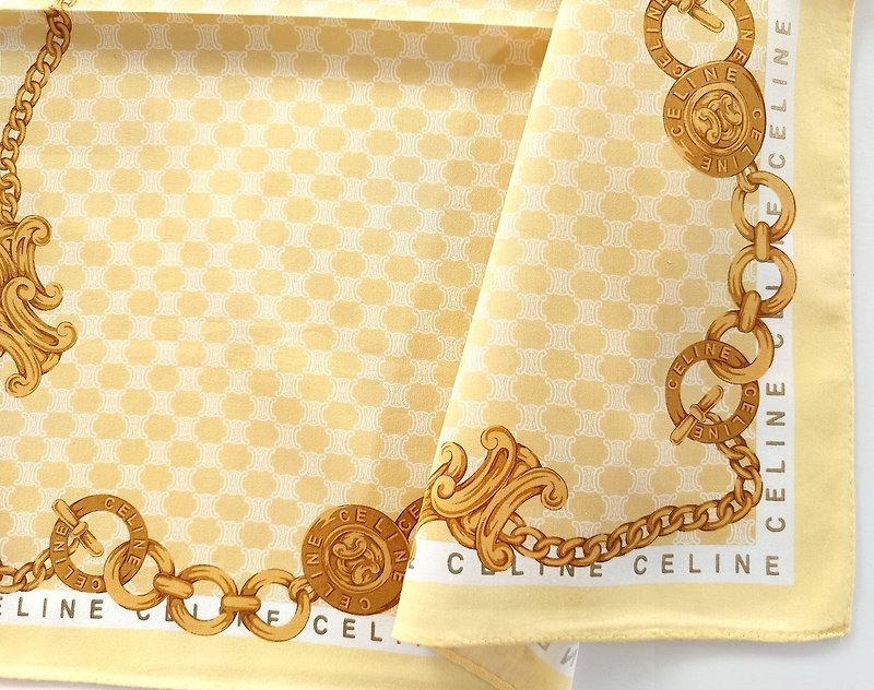 Celine Vintage Handkerchief Gold Chain Jewelry Charm Yellow 20 x 19 inches - ผ้าเช็ดหน้า - ผ้าฝ้าย/ผ้าลินิน สีเหลือง