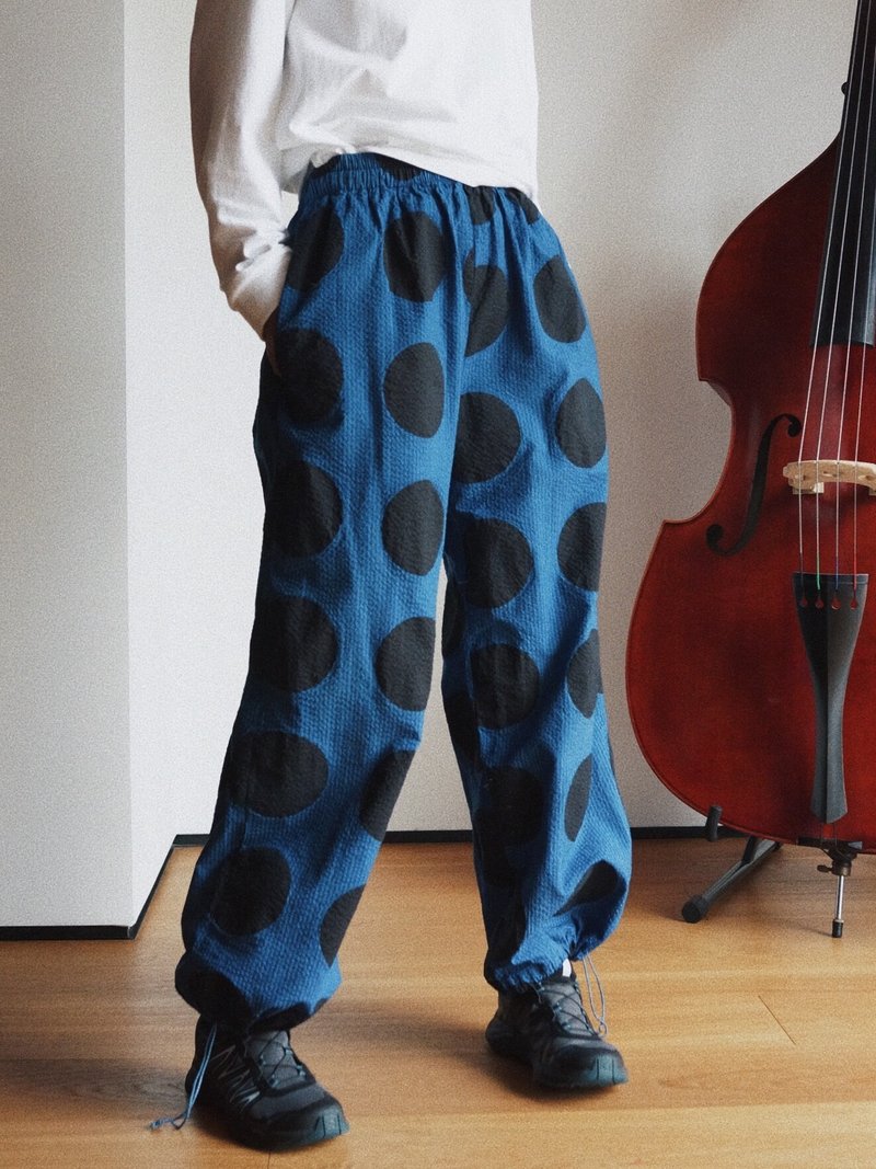 Navy blue drawstring pants straight pants eco-friendly plant indigo dyed imported polka dot salt-shrink pure cotton bubble cotton - กางเกงขายาว - ผ้าฝ้าย/ผ้าลินิน สีน้ำเงิน