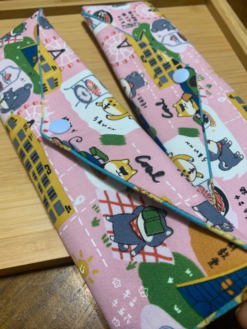 文青風環保純棉筷袋  柴柴愛旅行 浪漫粉 日本 潮物 收納 手作餐 - 居家收納/收納盒/儲物盒 - 棉．麻 粉紅色