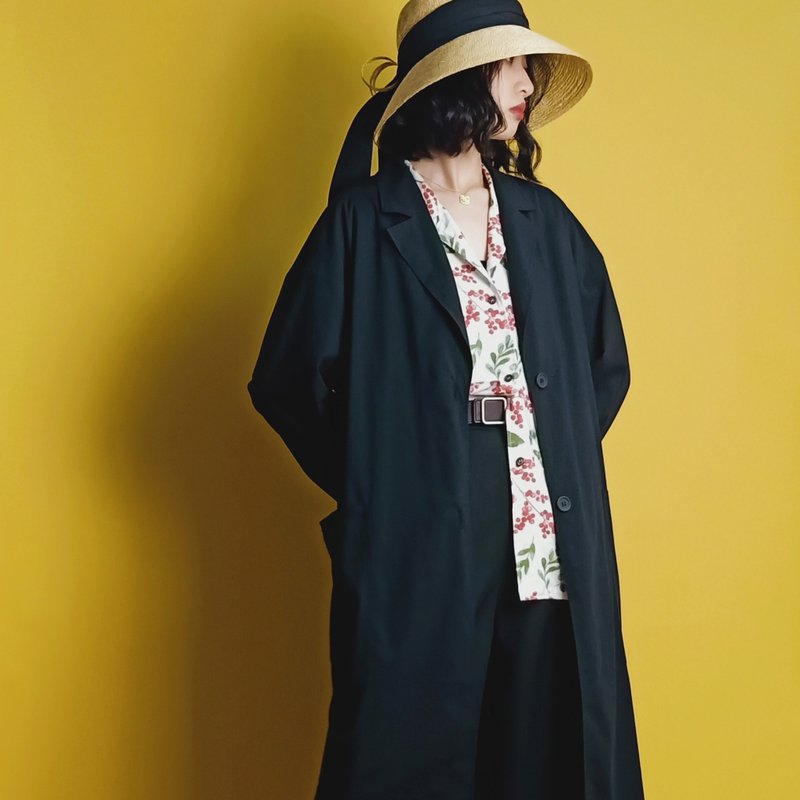 P.YELLOW | Summer and autumn black thin suit long coat - เสื้อสูท/เสื้อคลุมยาว - ผ้าฝ้าย/ผ้าลินิน สีดำ